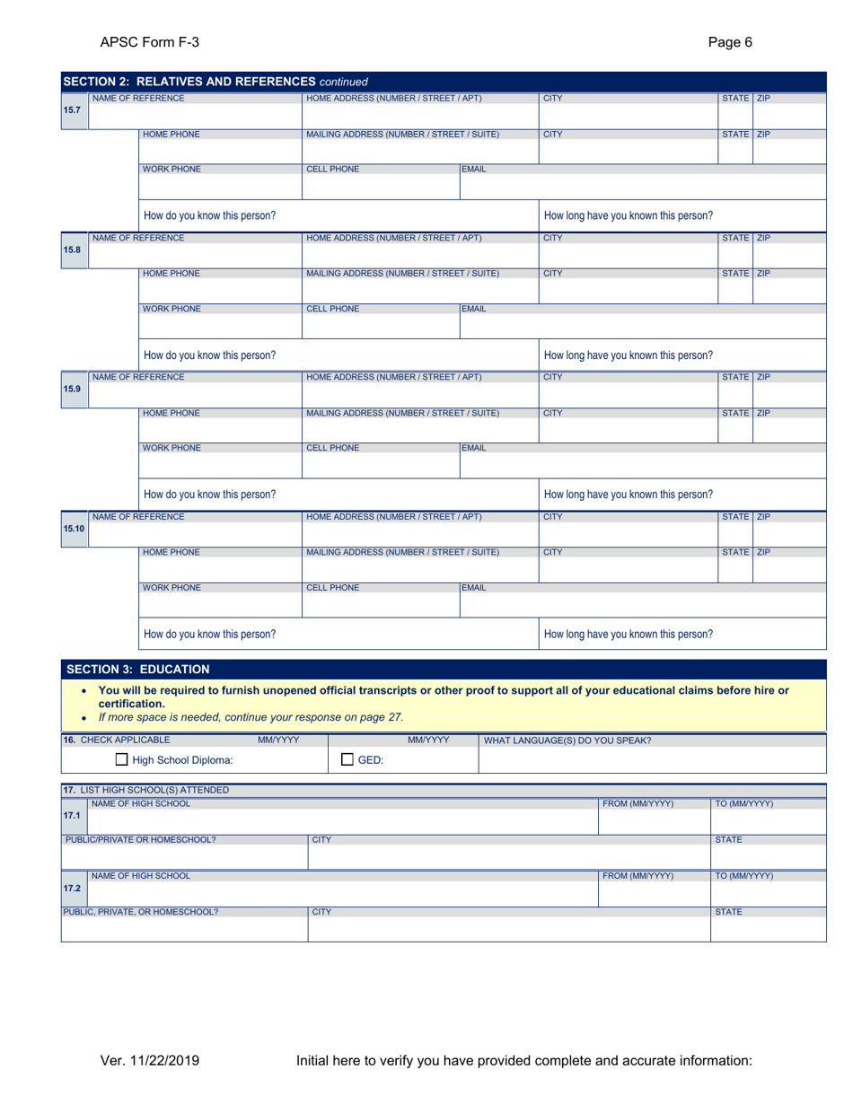 APSC Form F-3 Personal History Statement - Alaska, Page 6