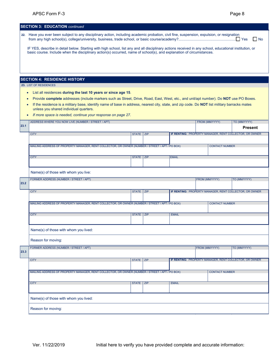 APSC Form F-3 Personal History Statement - Alaska, Page 8