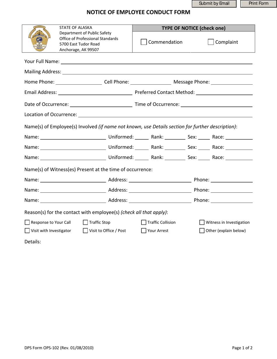DPS Form OPS-102 Notice of Employee Conduct Form - Alaska, Page 1