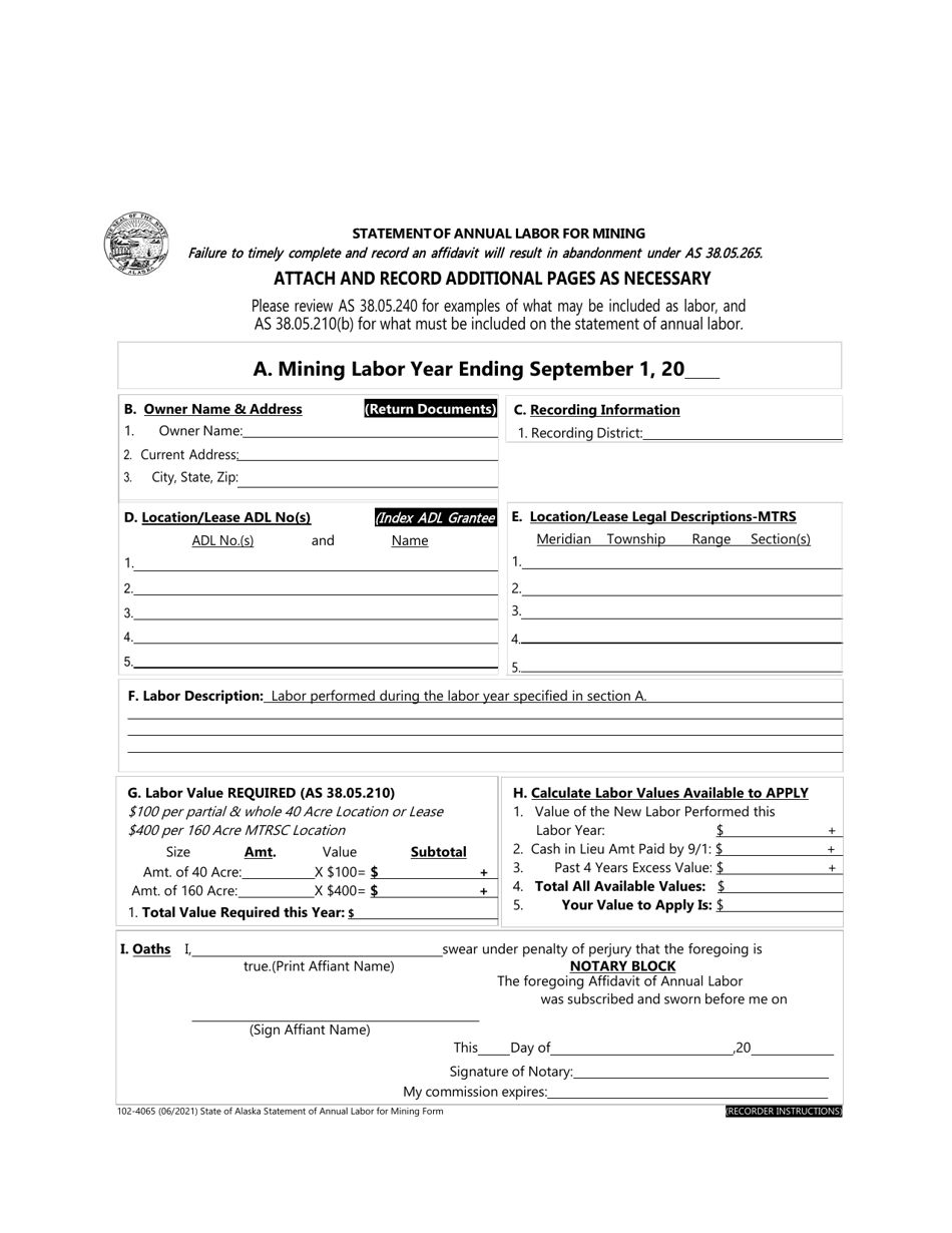 Form 102-4065 Statement of Annual Labor for Mining - Alaska, Page 1