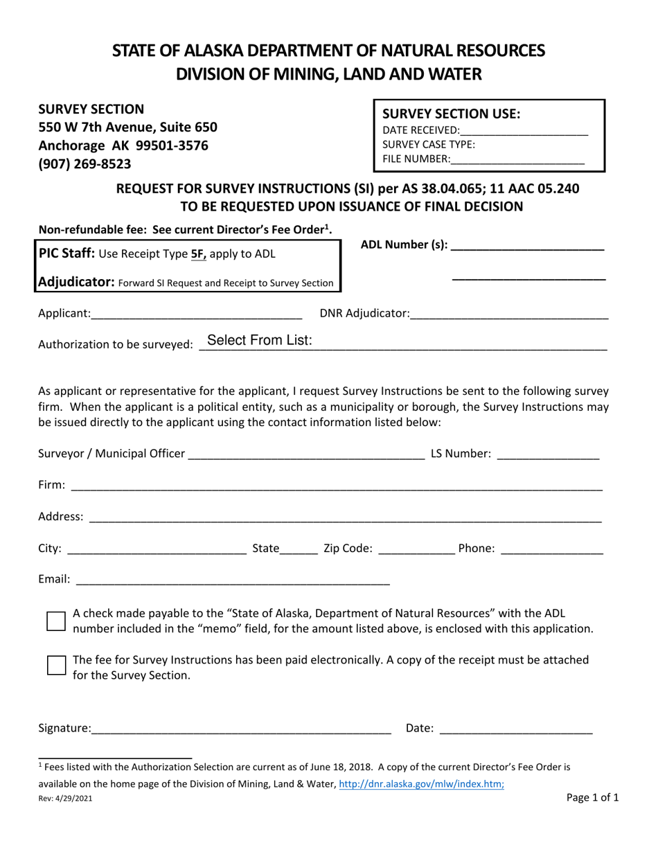 Request for Survey Instructions (Si) Per as 38.04.065; 11 Aac 05.240 to Be Requested Upon Issuance of Final Decision - Alaska, Page 1