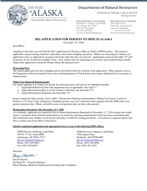 Form 102-4071 Application for Permits to Mine - Alaska, 2021