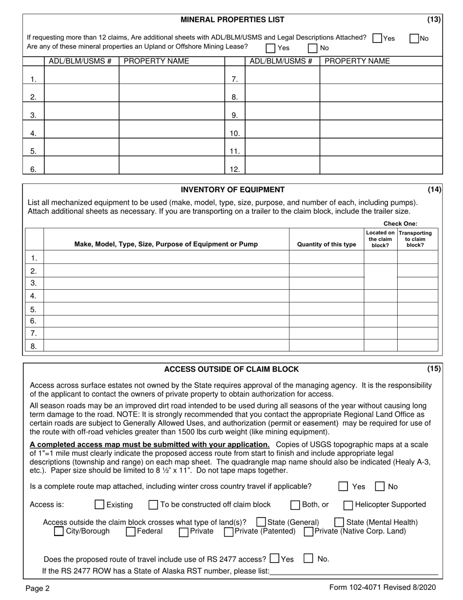 Form 102-4071 Application for Permits to Mine - Alaska, Page 8