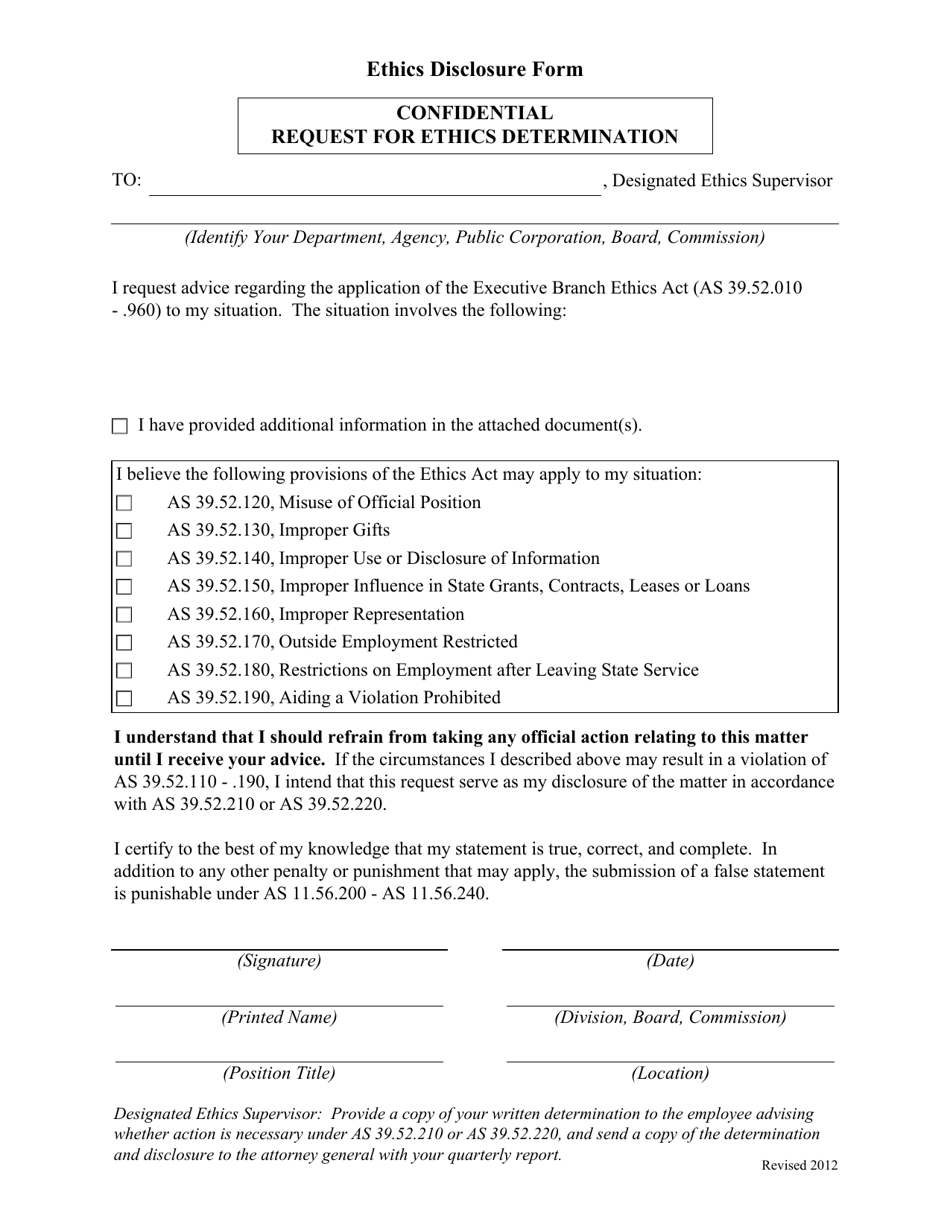 Ethics Disclosure Form - Request for Ethics Determination - Alaska, Page 1