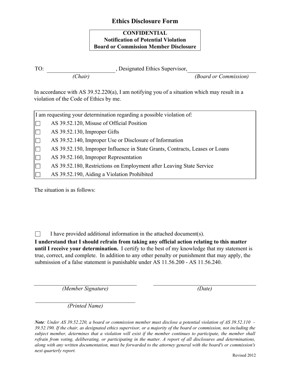 Ethics Disclosure Form - Notification of Potential Violation Board or Commission Member Disclosure - Alaska, Page 1