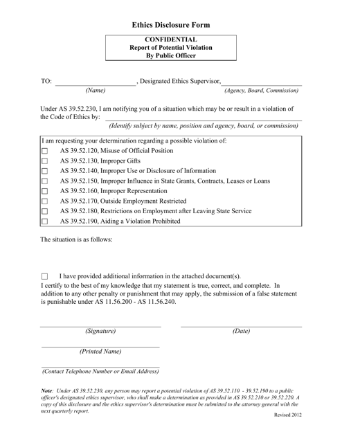 Ethics Disclosure Form - Report of Potential Violation by Public Officer - Alaska