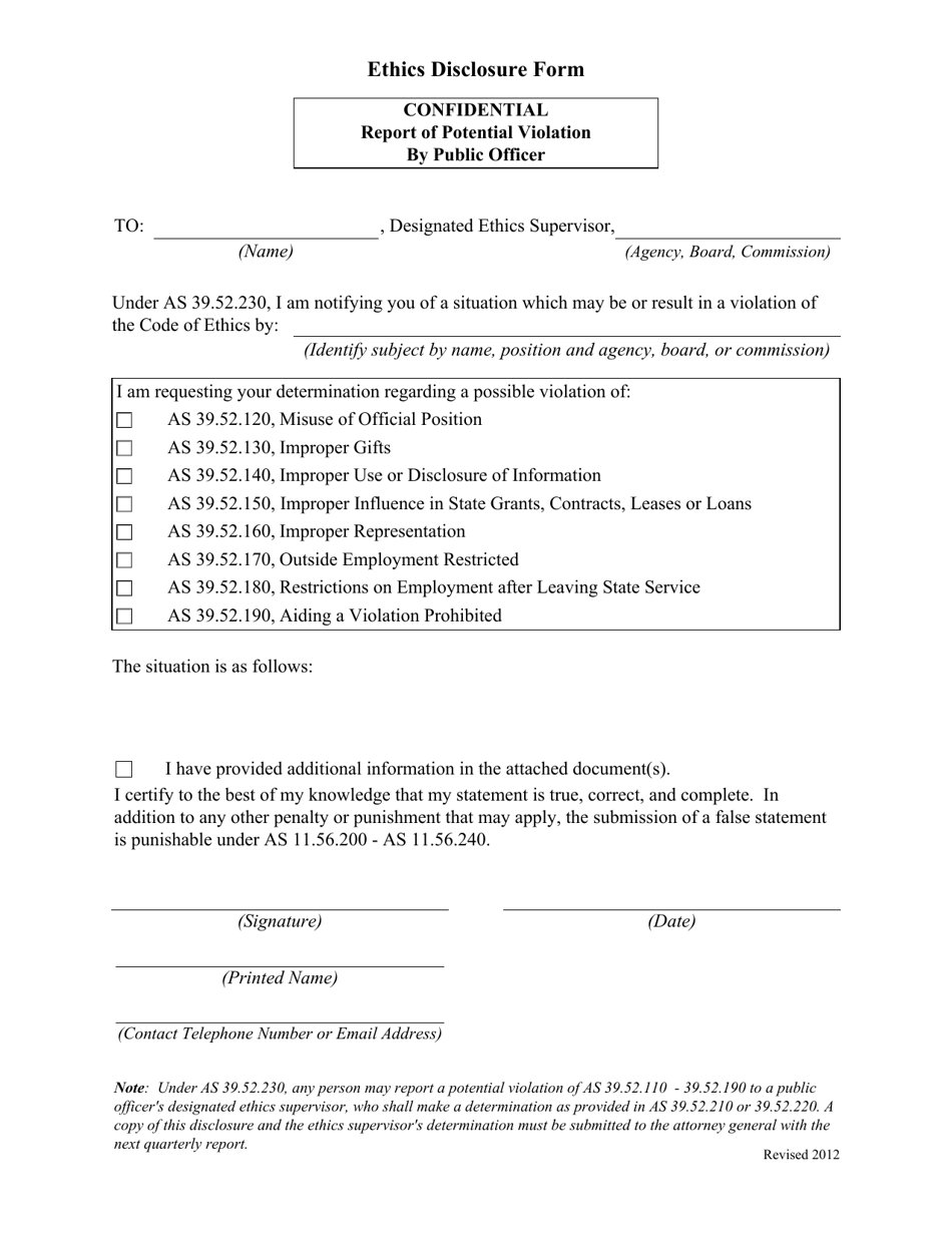 Ethics Disclosure Form - Report of Potential Violation by Public Officer - Alaska, Page 1