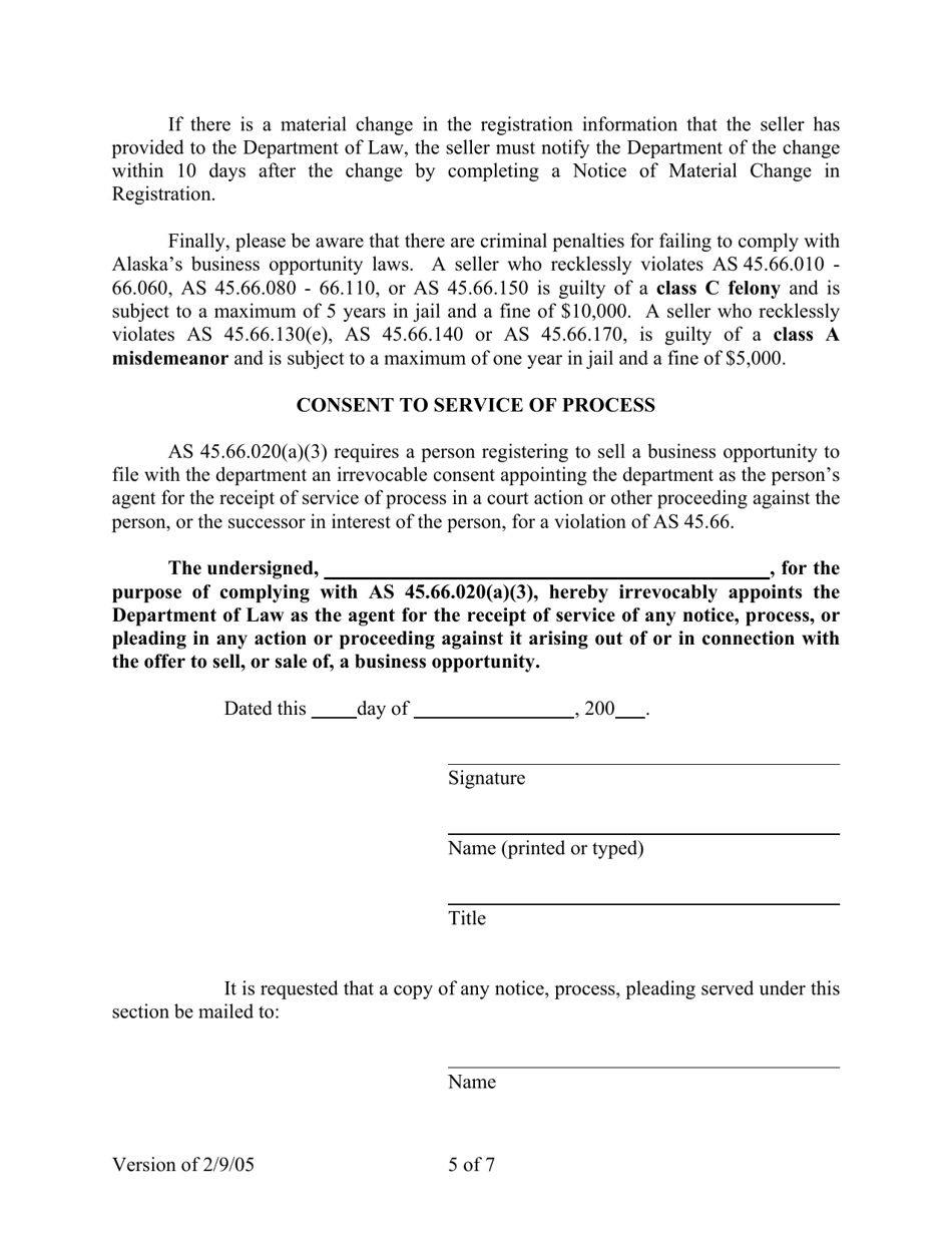 Alaska Business Opportunity Registration and Registration Renewal Application - Alaska, Page 5