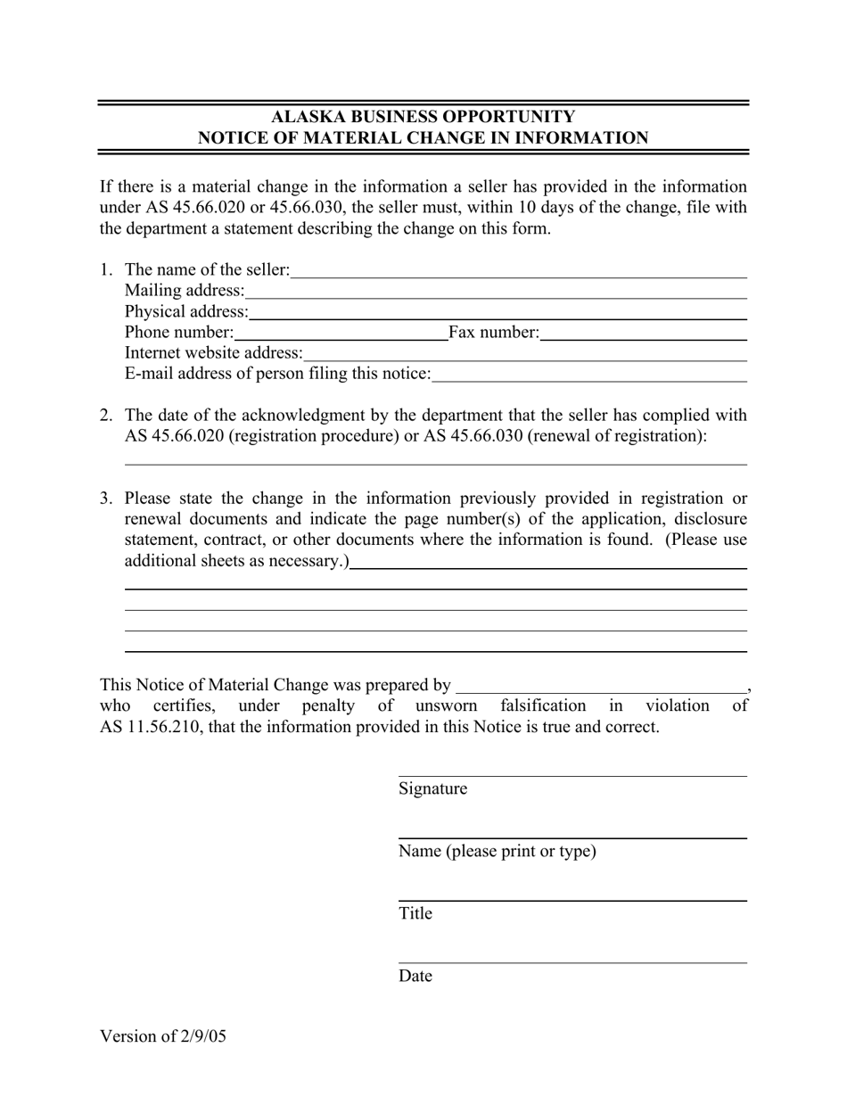 Notice of Material Change in Information - Alaska, Page 1