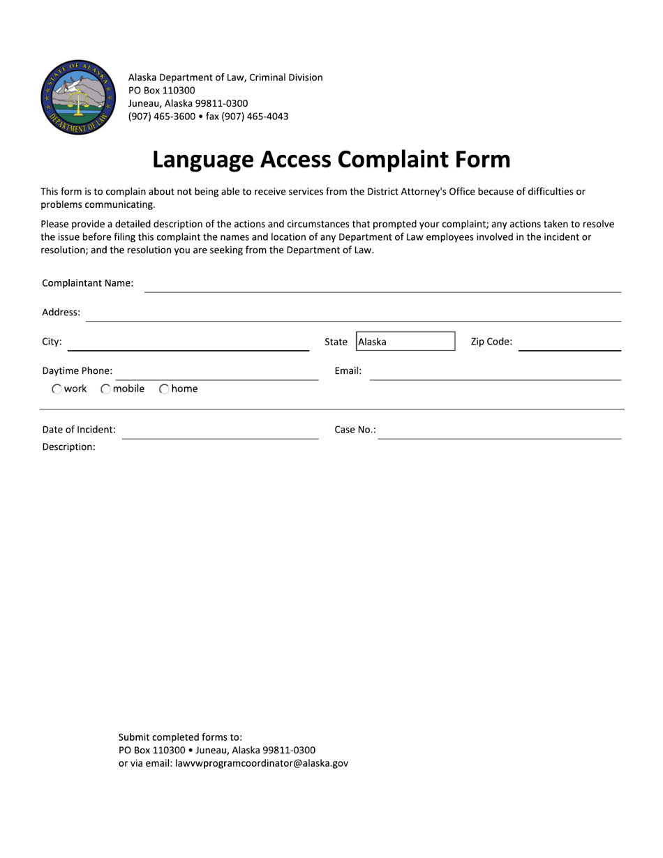 Language Access Complaint Form - Alaska, Page 1
