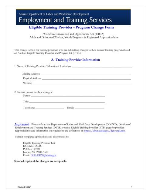 Eligible Training Provider - Program Change Form - Alaska Download Pdf