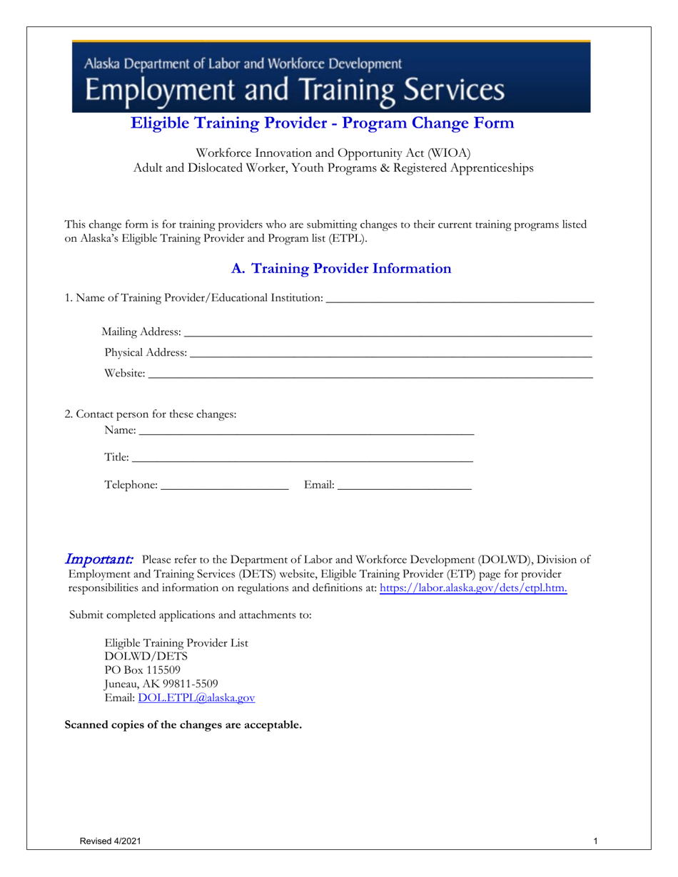 Eligible Training Provider - Program Change Form - Alaska, Page 1