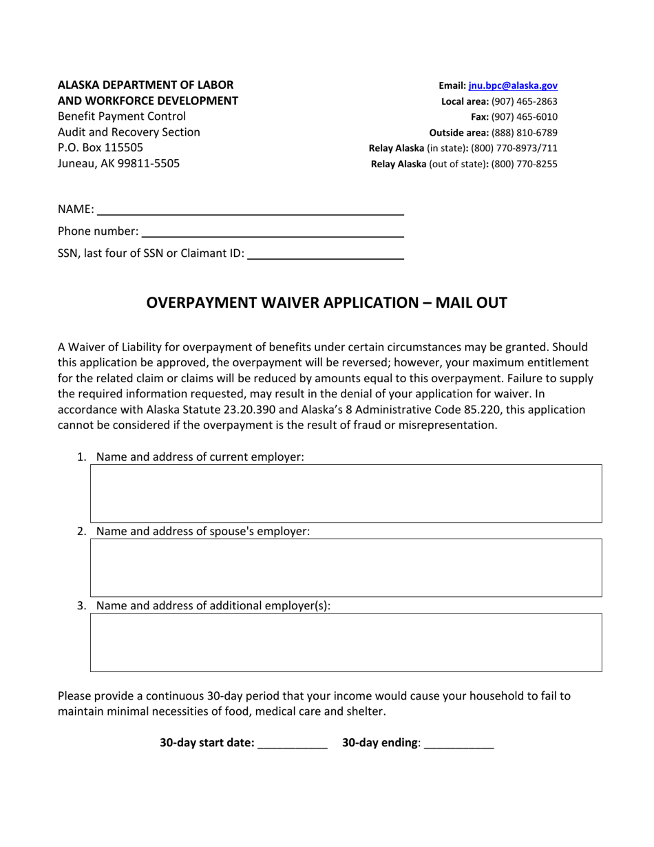 Overpayment Waiver Application - Alaska, Page 1