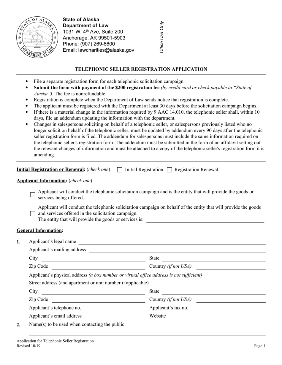 Telephonic Seller Registration Application - Alaska, Page 1