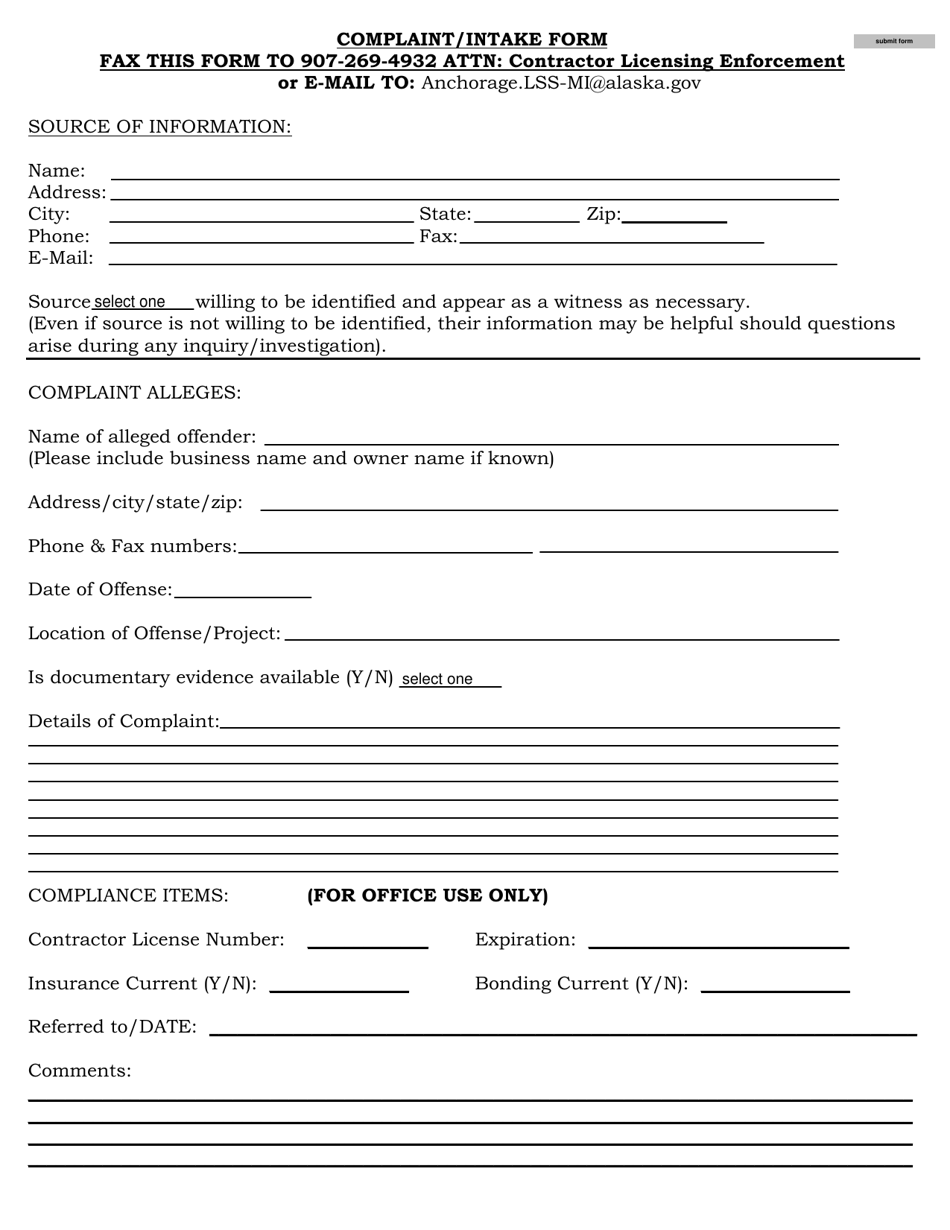 Complaint / Intake Form - Alaska, Page 1