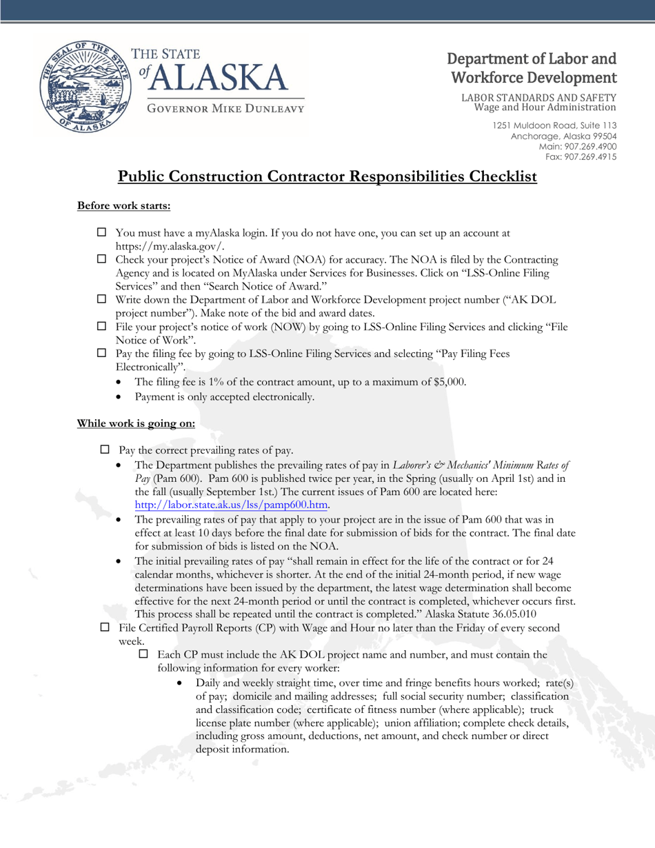 Public Construction Contractor Responsibilities Checklist - Alaska, Page 1