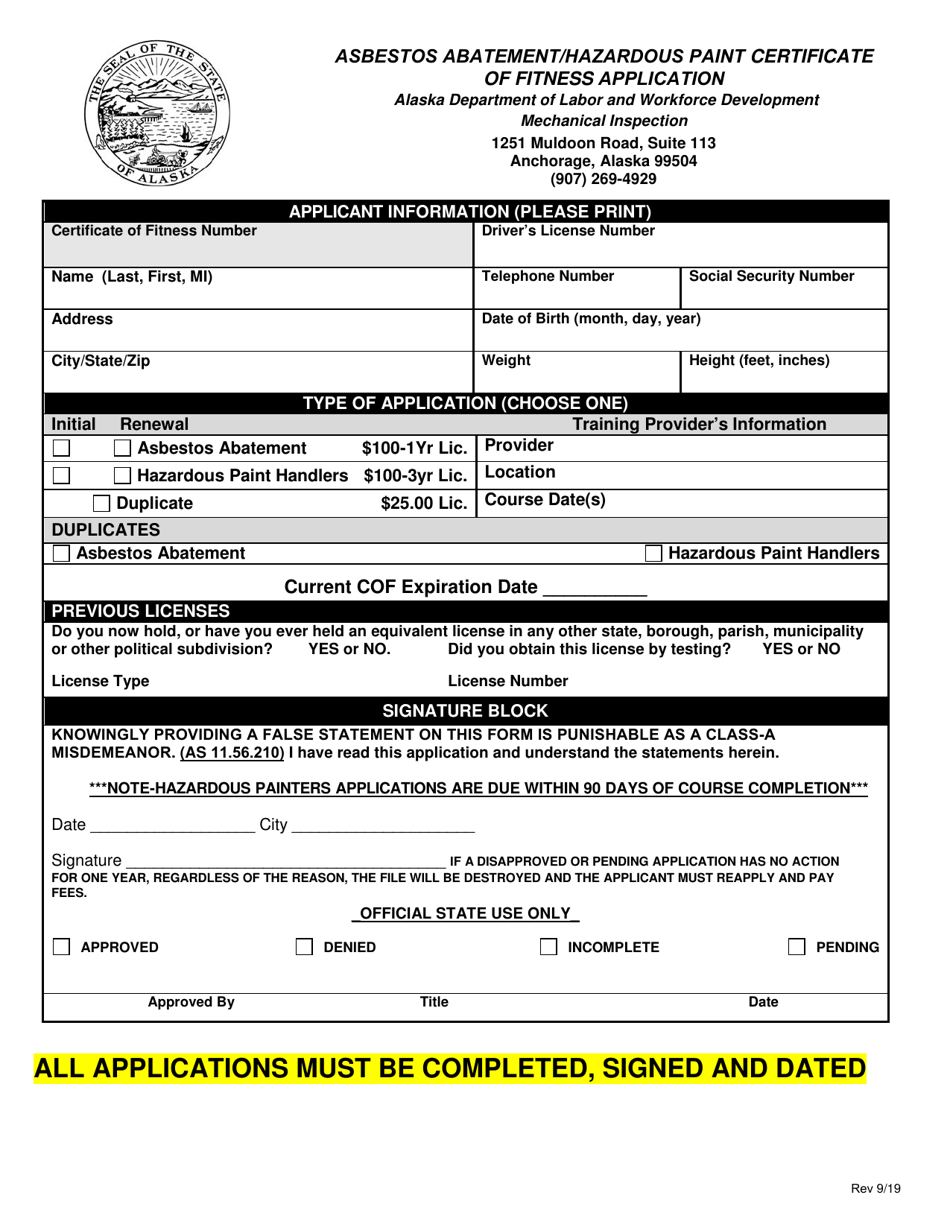 Asbestos Abatement / Hazardous Paint Certificate of Fitness Application - Alaska, Page 1