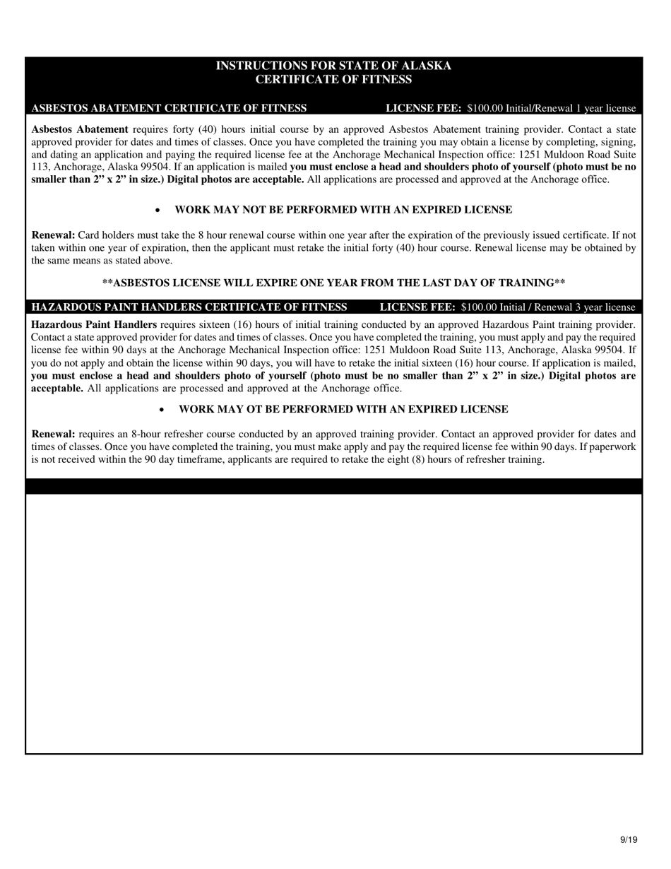 Asbestos Abatement / Hazardous Paint Certificate of Fitness Application - Alaska, Page 2