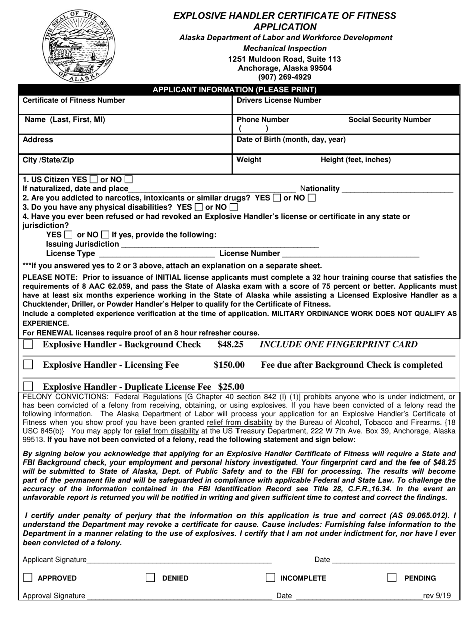 Explosive Handler Certificate of Fitness Application - Alaska, Page 1
