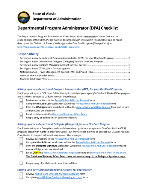 Departmental Program Administrator (Dpa) Checklist - Alaska