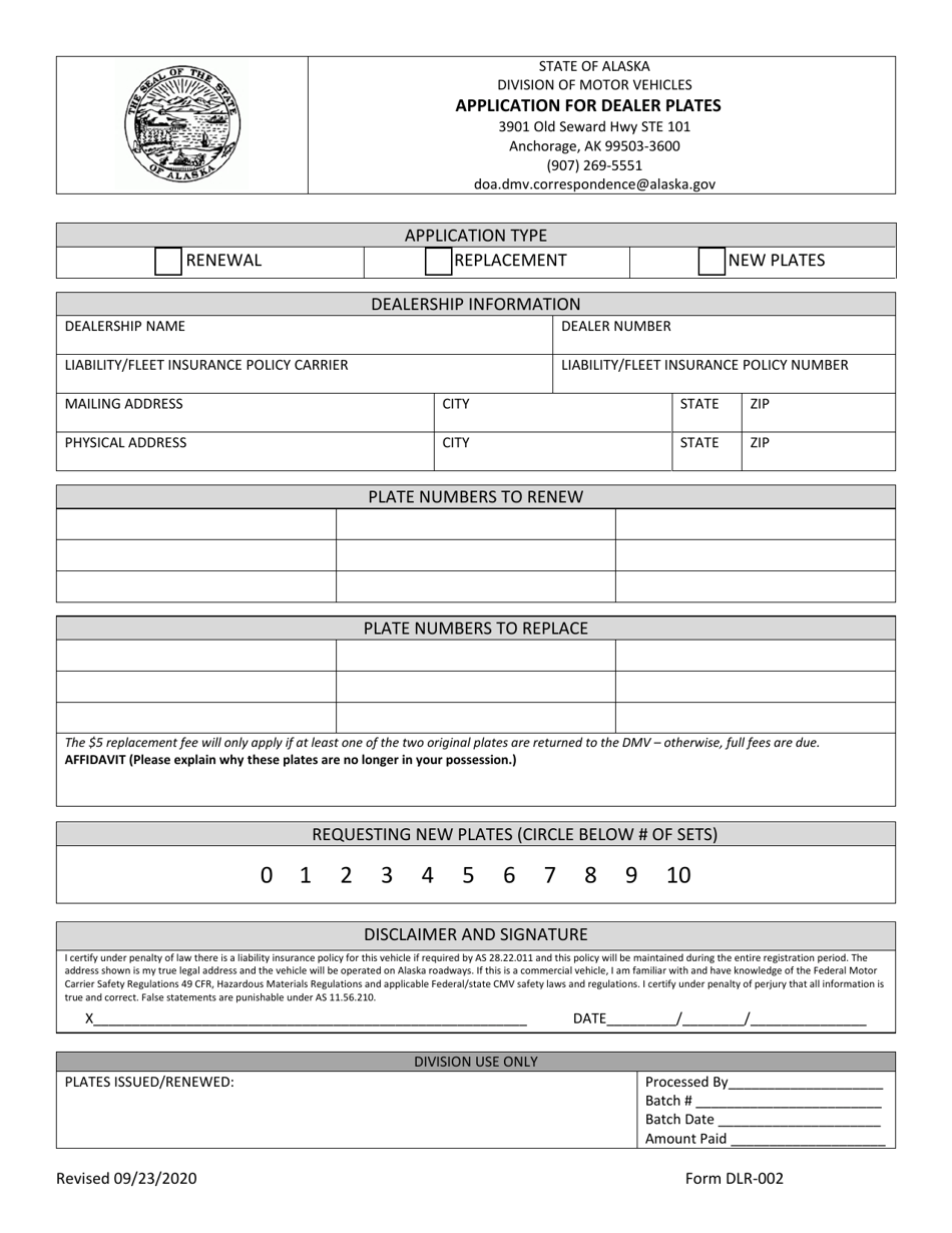 Form DLR-002 Application for Dealer Plates - Alaska, Page 1