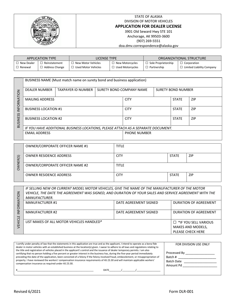 Form DLR001 Fill Out, Sign Online and Download Fillable PDF, Alaska