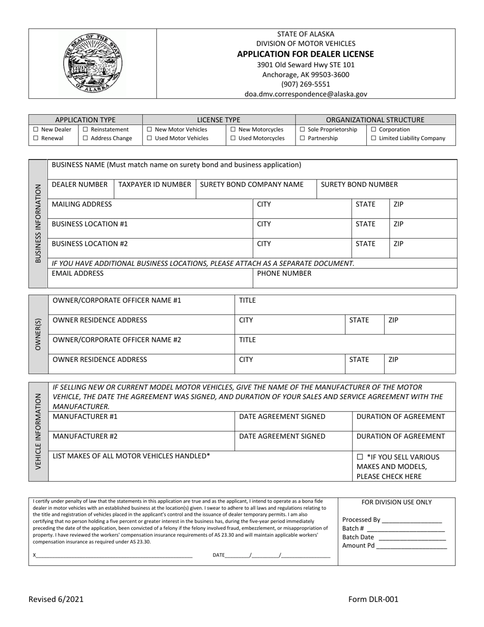 Form DLR-001 Application for Dealer License - Alaska, Page 1