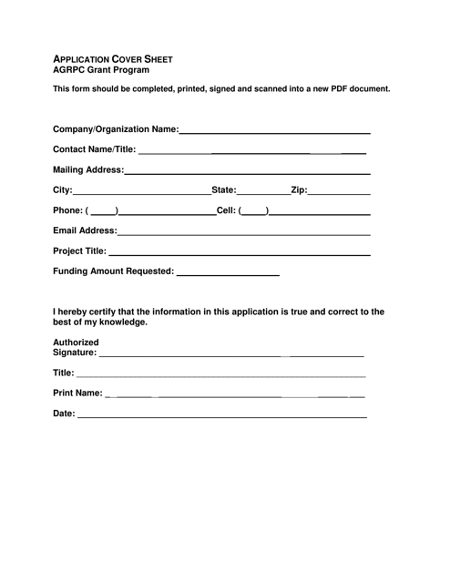 Application Cover Sheet - Agrpc Grant Program - Arizona Download Pdf