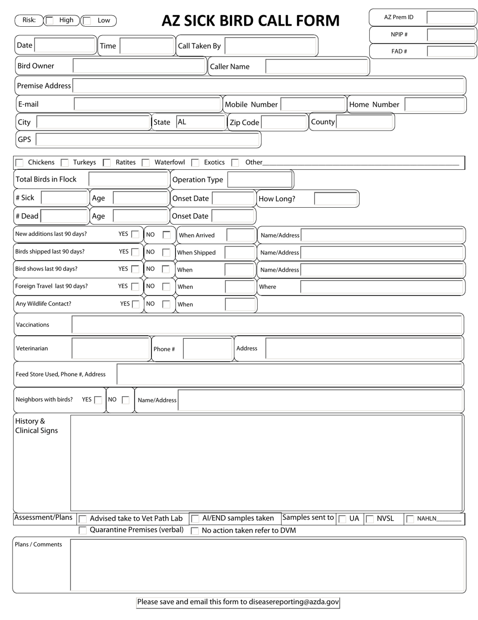 Arizona Az Sick Bird Call Form - Fill Out, Sign Online and Download PDF ...