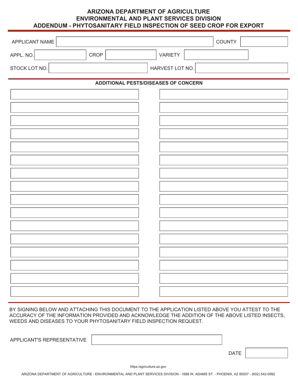 Arizona Addendum for Additional Pests/Diseases of Concern Fill Out