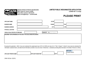 Form DWM-159 &quot;Limited Public Weighmaster Application&quot; - Arizona