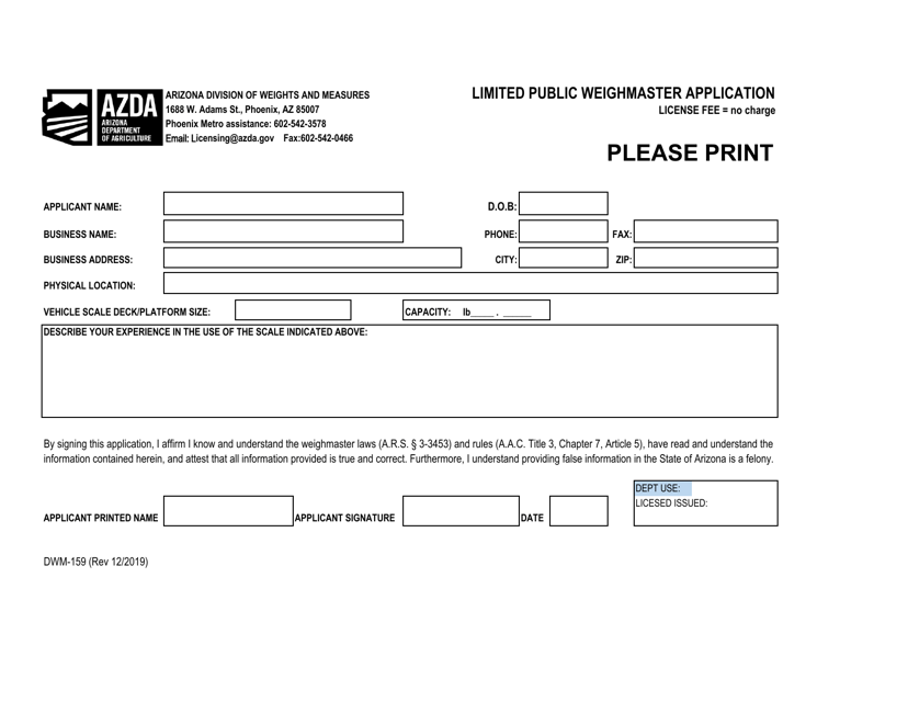 Form DWM-159 Limited Public Weighmaster Application - Arizona