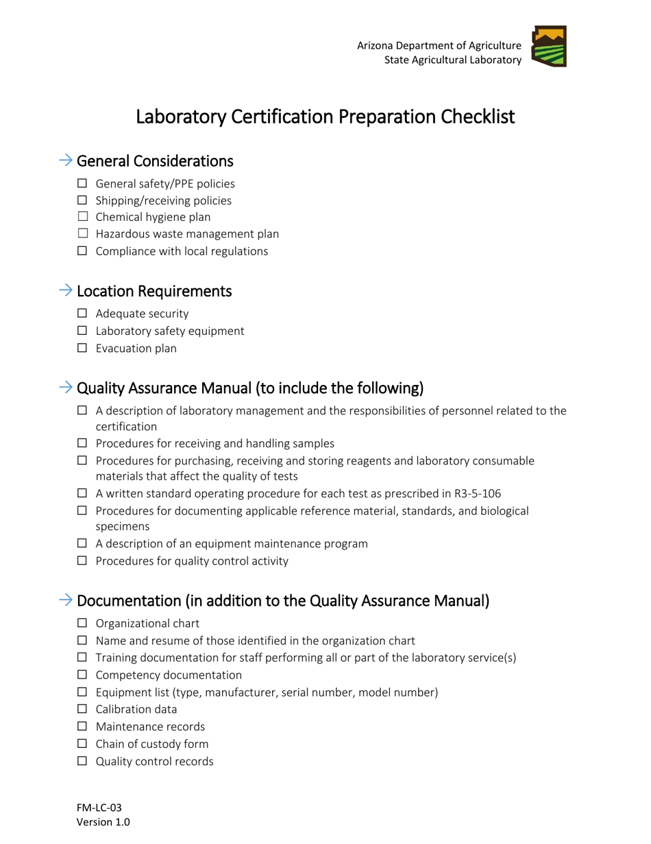 Form FM-LC-03 Laboratory Certification Preparation Checklist - Arizona, Page 1