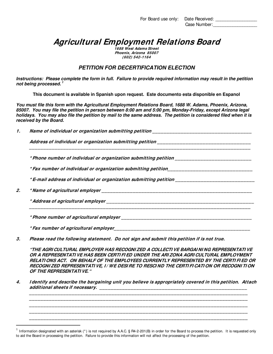 Petition for Decertification Election - Arizona, Page 1