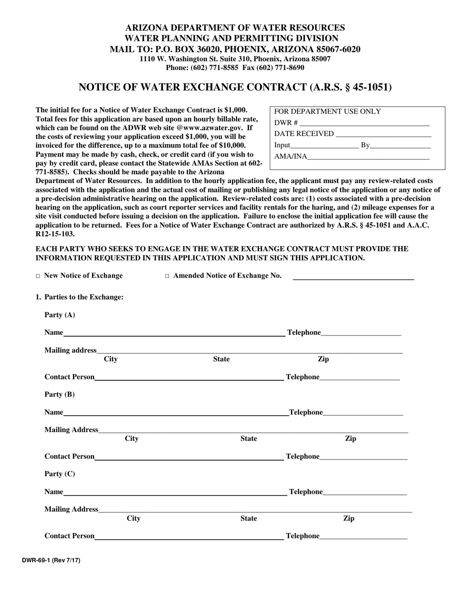 Form DWR-69-1 Notice of Water Exchange Contract - Arizona, Page 1