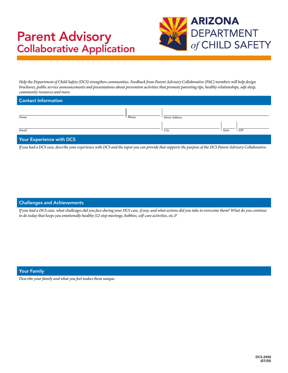 Form DCS-2450 Parent Advisory Collaborative Application - Arizona, Page 1