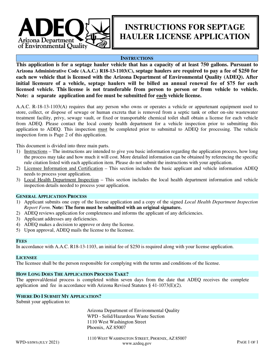 Form WPD-S / HWS Septage Hauler License Application - Arizona, Page 1