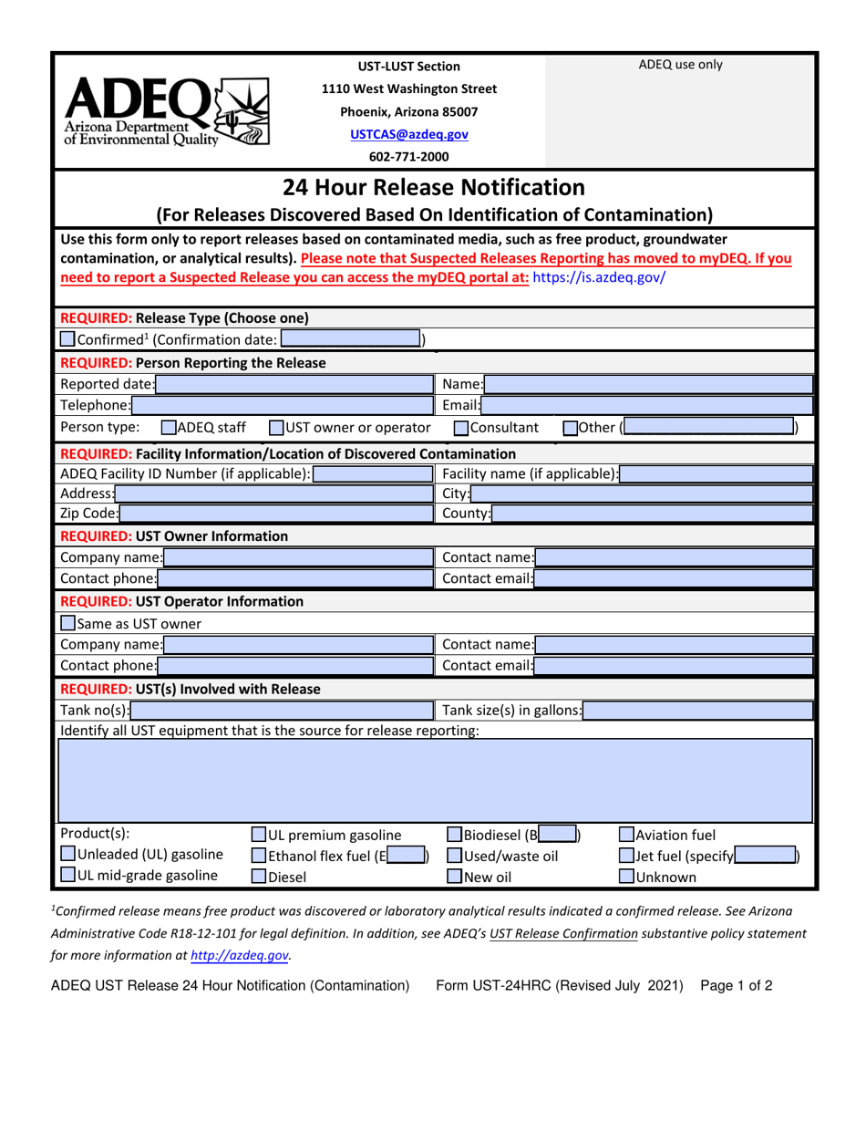 Form UST-24HRC 24 Hour Release Notification (For Releases Discovered Based on Identification of Contamination) - Arizona, Page 1