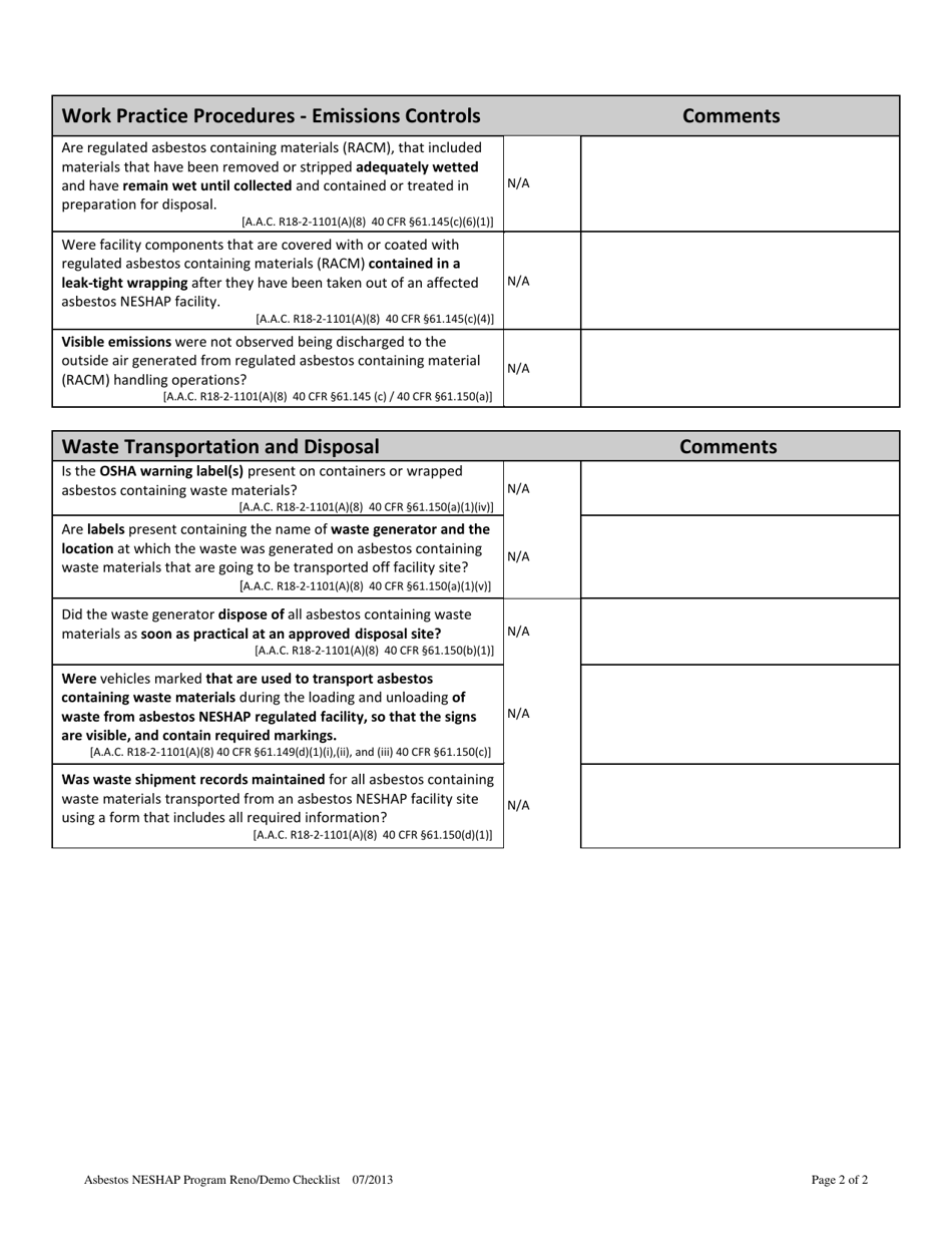 Asbestos Neshap Checklist - Renovation / Demolition Operations - Arizona, Page 2