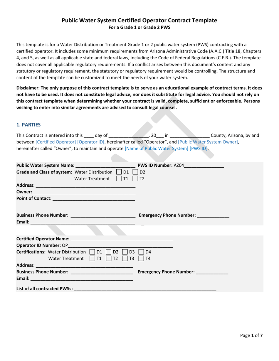 Public Water System Certified Operator Contract for a Grade 1 or Grade 2 Pws - Draft - Arizona, Page 1