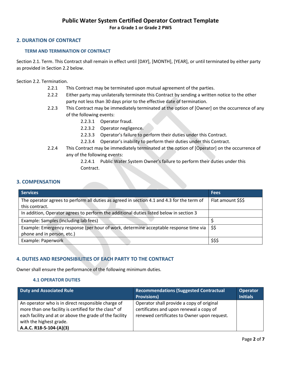 Public Water System Certified Operator Contract for a Grade 1 or Grade 2 Pws - Draft - Arizona, Page 2