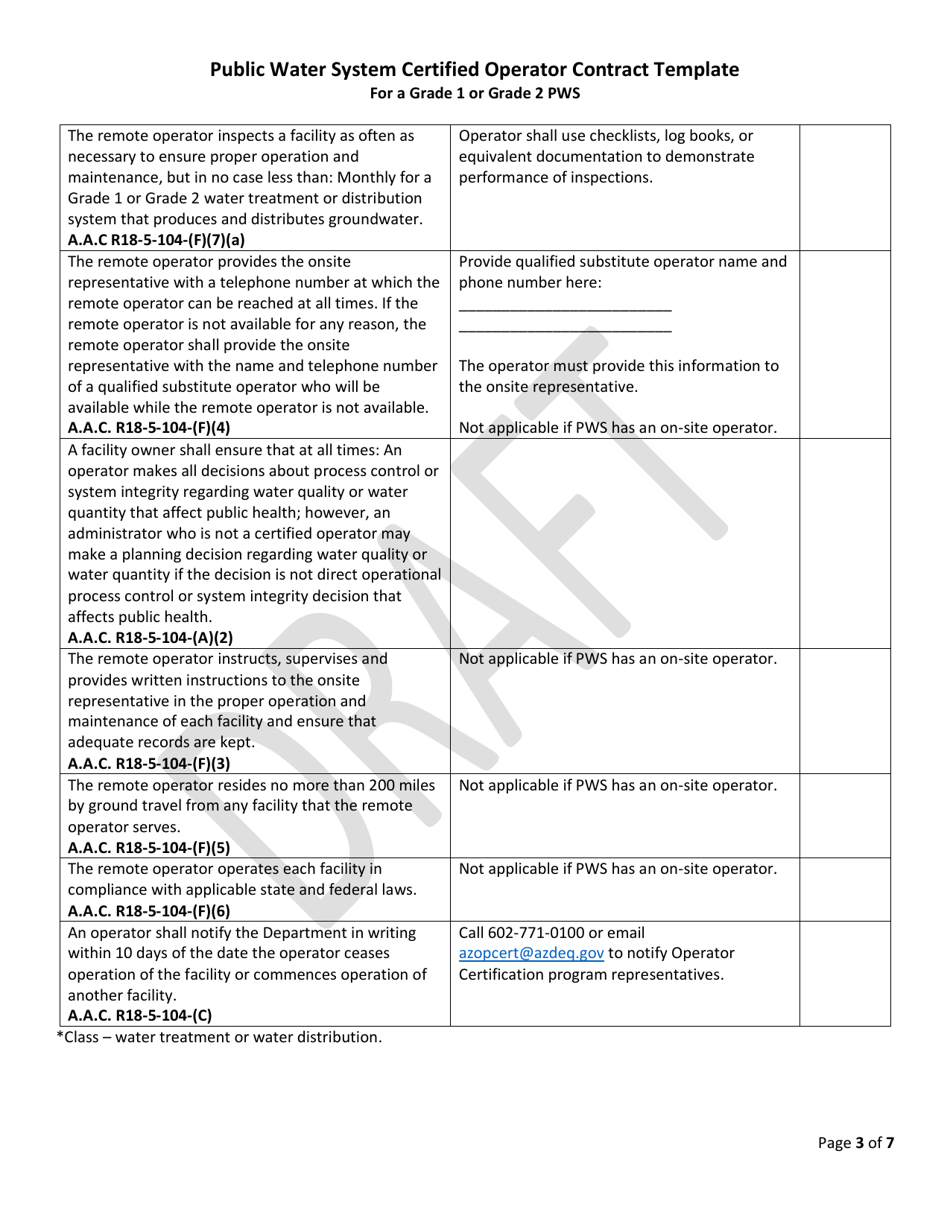 Public Water System Certified Operator Contract for a Grade 1 or Grade 2 Pws - Draft - Arizona, Page 3