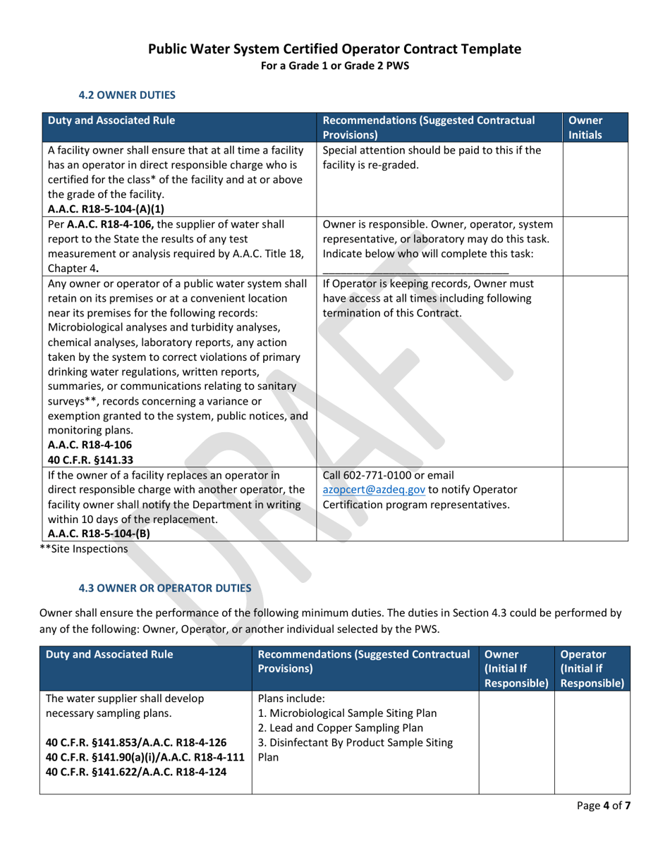 Public Water System Certified Operator Contract for a Grade 1 or Grade 2 Pws - Draft - Arizona, Page 4