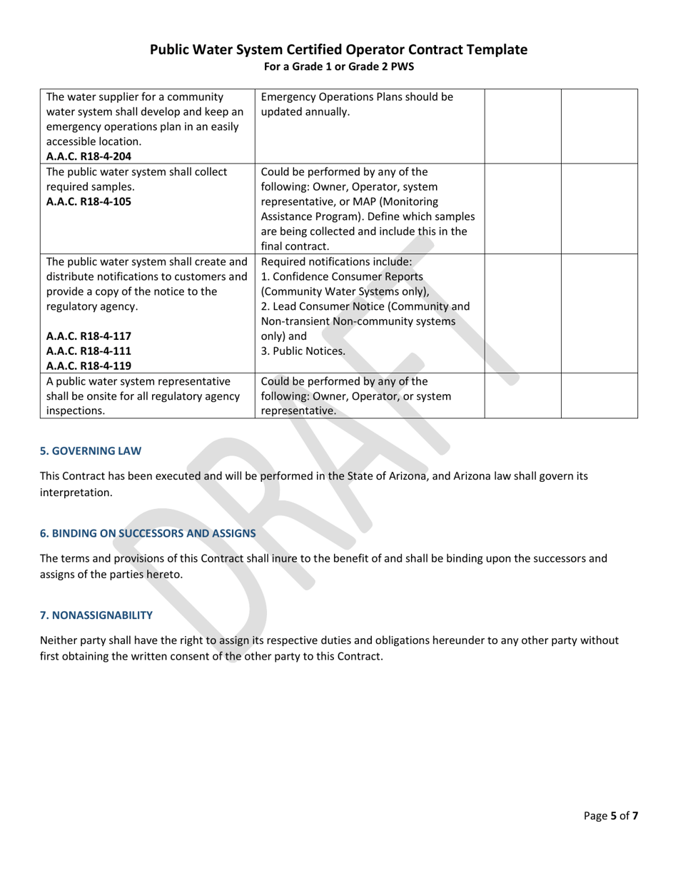 Public Water System Certified Operator Contract for a Grade 1 or Grade 2 Pws - Draft - Arizona, Page 5