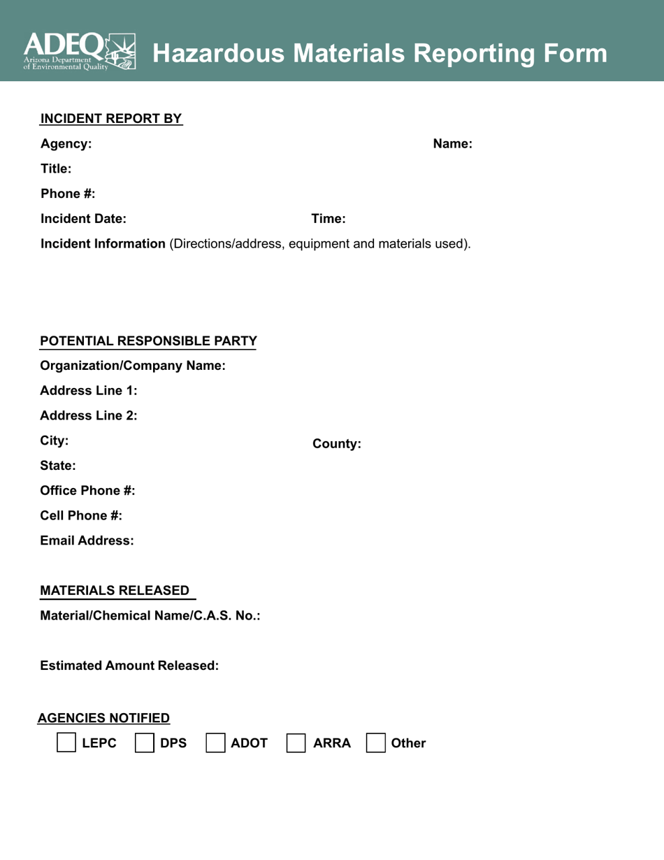 Hazardous Materials Reporting Form - Arizona, Page 1