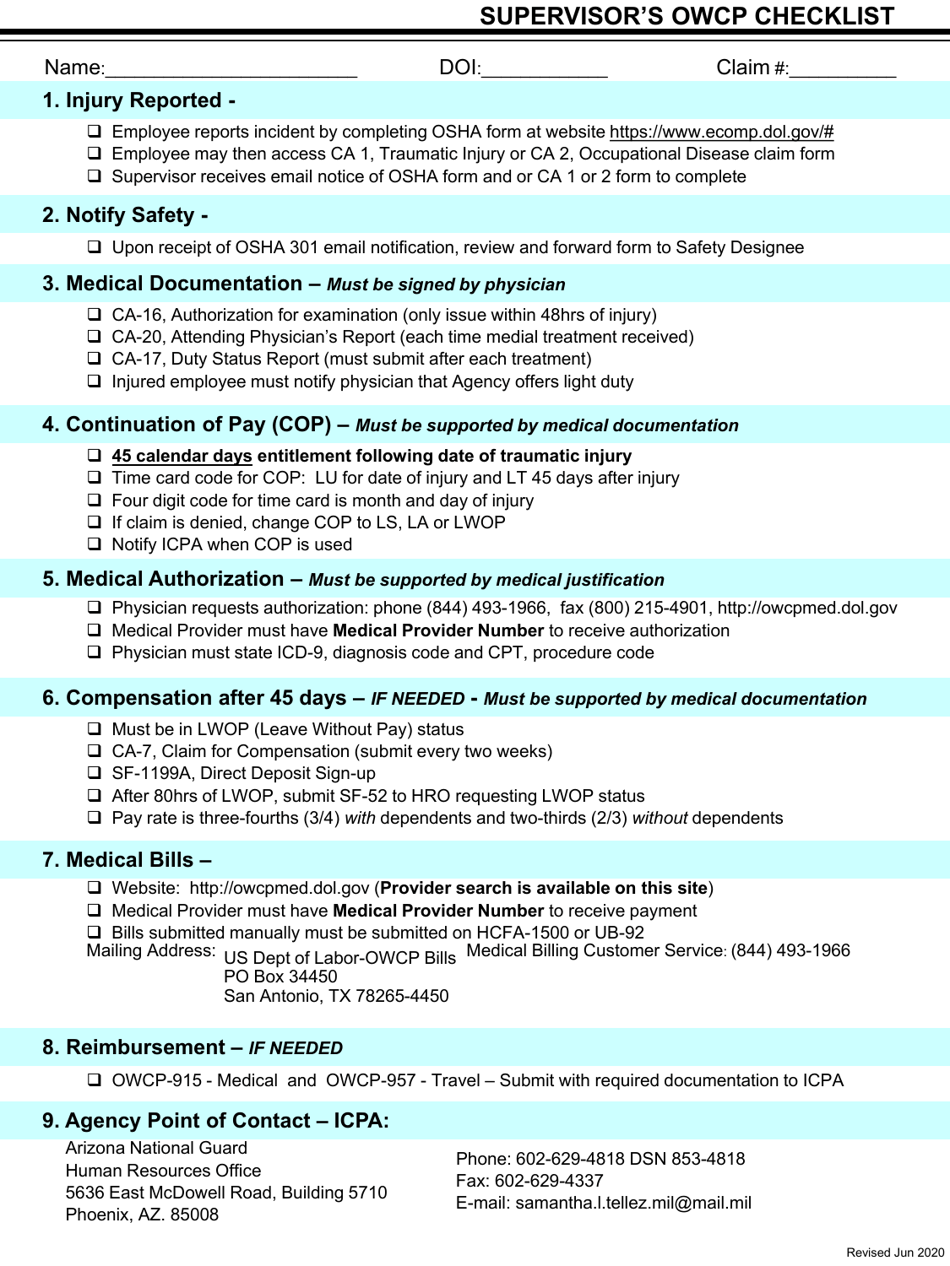 Supervisors Owcp Checklist - Arizona, Page 1