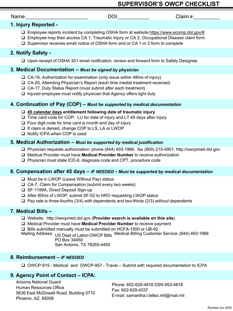 Supervisor's Owcp Checklist - Arizona Download Pdf