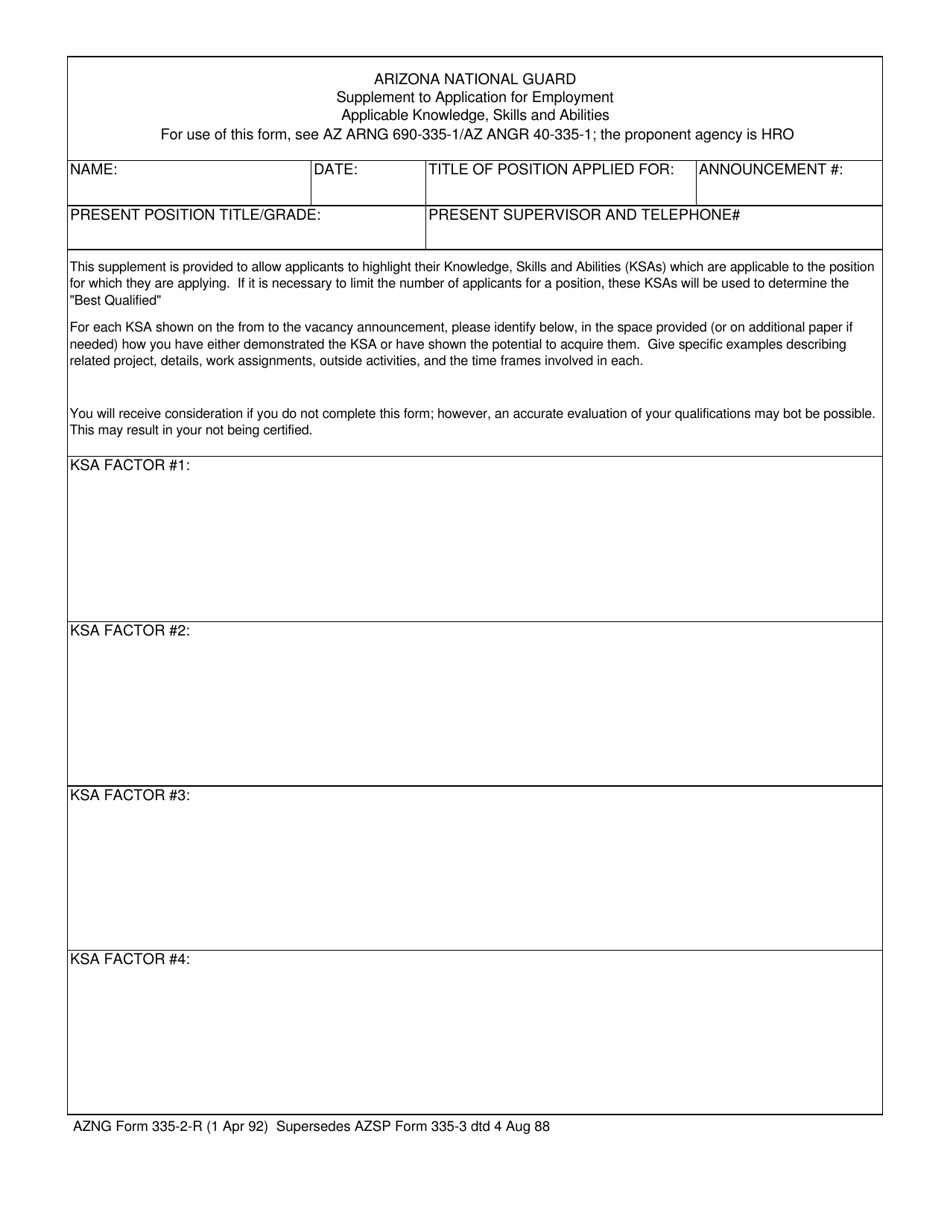 AZNG Form 335-2-R Supplement to Application for Employment - Arizona, Page 1