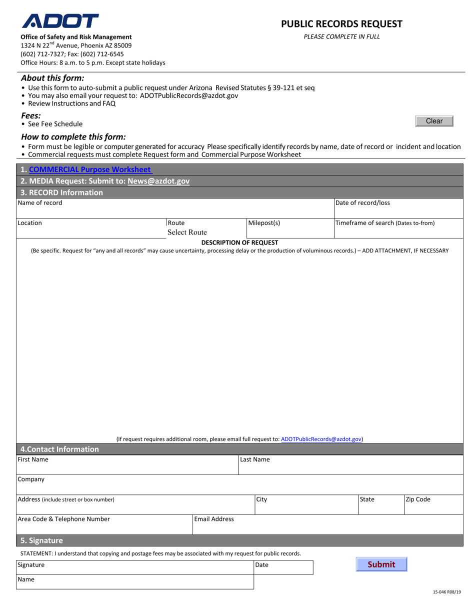 Form 15-046 Public Records Request - Arizona, Page 1