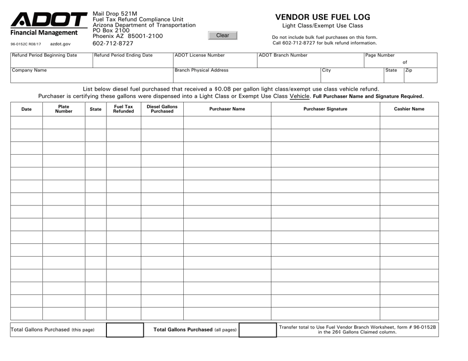 Form 96-0152C Light Class / Exempt Use Class Vendor Use Fuel Log - Arizona, Page 1